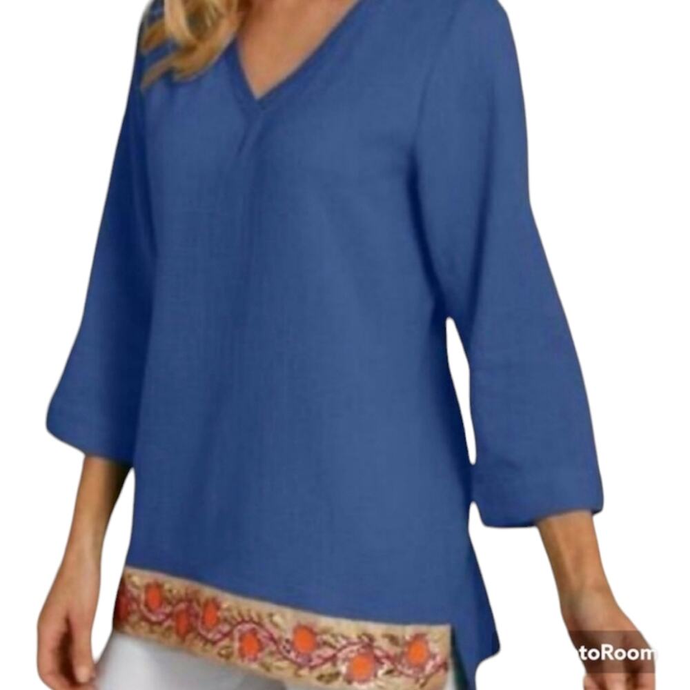 Soft Surroundings Tunic Top Blue Umbria‎ Embroidered Beaded Hem Women's Size Med